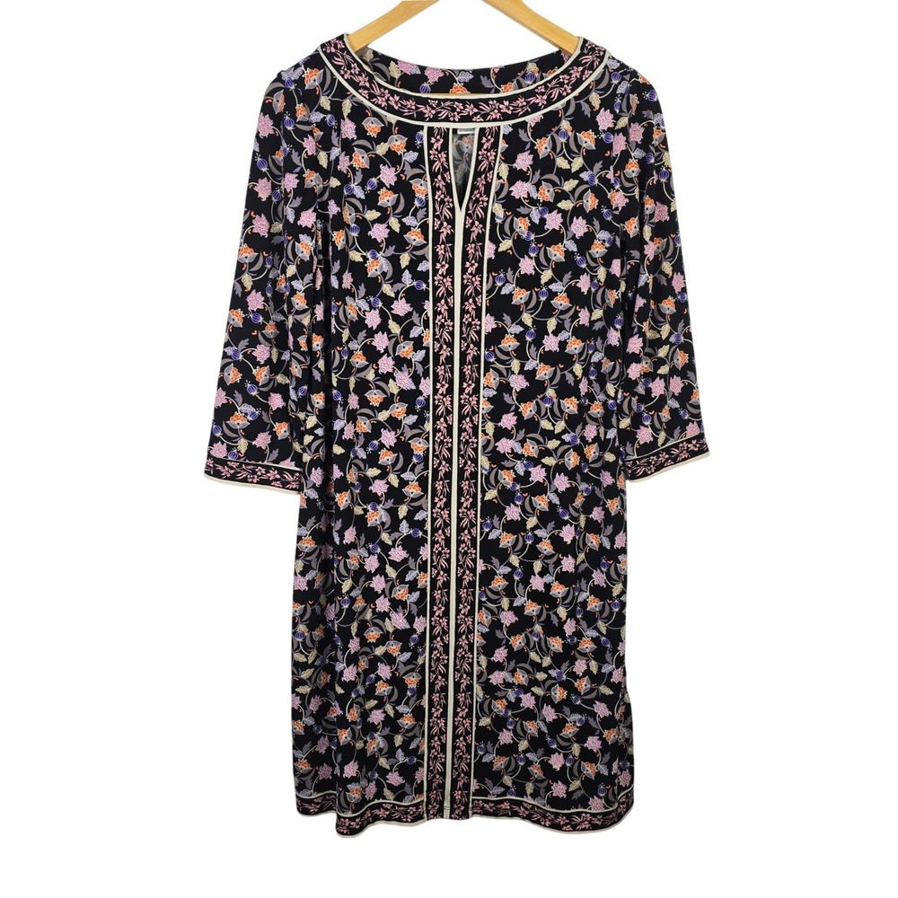 Wisp Women Black Floral Border Print Split Neck Shift Tunic Dress Size 12 3/4